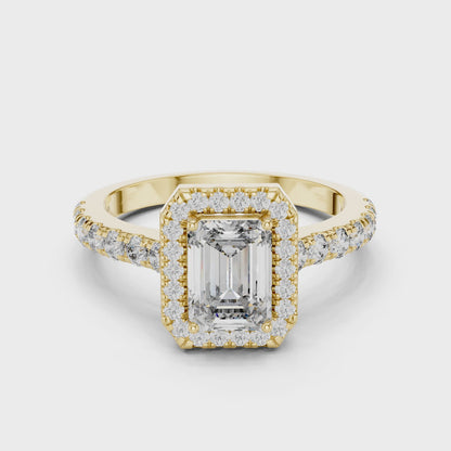 Emerald Cut Lab Grown Diamond Engagement Ring | U-Cut Pavé Halo Style | 10K, 14K, and 18K Gold
