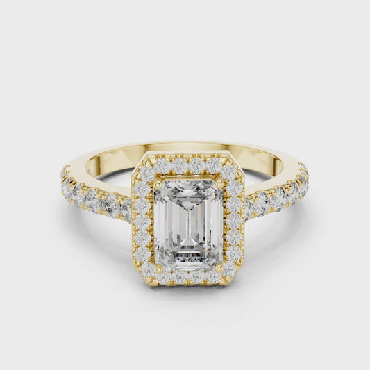 Emerald Cut Lab Grown Diamond Engagement Ring | U-Cut Pavé Halo Style | 10K, 14K, and 18K Gold
