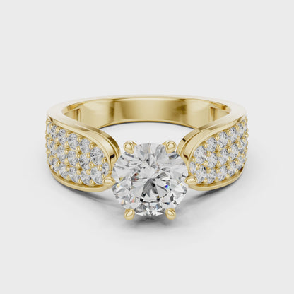Round Lab Grown Diamond Engagement Ring | Triple-Row Pavé Bold Band | 10K, 14K, and 18K Gold