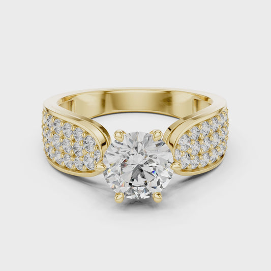 Round Lab Grown Diamond Engagement Ring | Triple-Row Pavé Bold Band | 10K, 14K, and 18K Gold