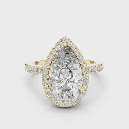 Pear Cut Lab Grown Diamond Engagement Ring | U-Cut Pavé Halo Style | 10K, 14K, and 18K Gold