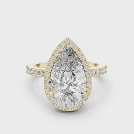Pear Cut Lab Grown Diamond Engagement Ring | U-Cut Pavé Halo Style | 10K, 14K, and 18K Gold