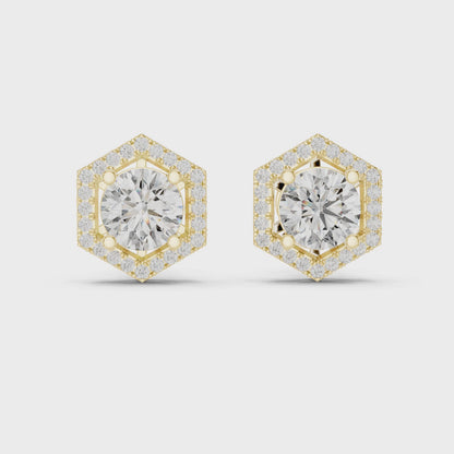 Round Lab Grown Diamond Hexagon Halo Stud Earrings | Geometric Pave Border Style | 10K, 14K, and 18K Gold