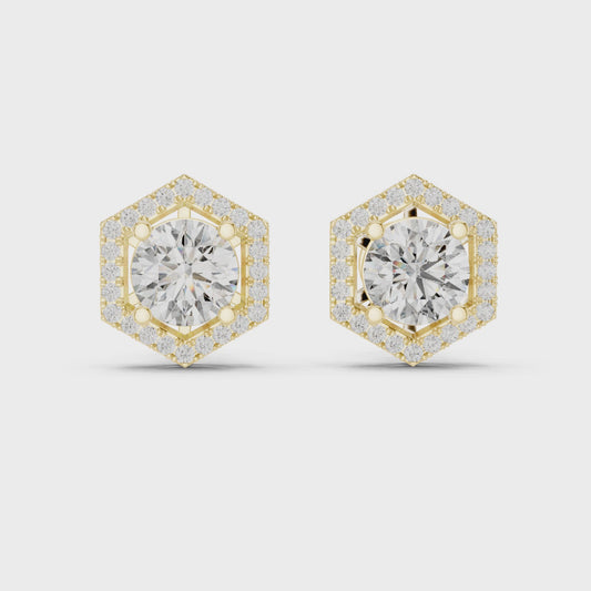 Round Lab Grown Diamond Hexagon Halo Stud Earrings | Geometric Pave Border Style | 10K, 14K, and 18K Gold
