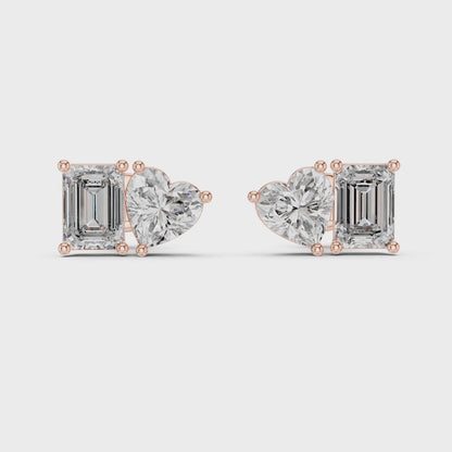 Emerald & Heart Lab Grown Diamond Toi et Moi Earrings | Unique Stud Set | 10K, 14K, and 18K Gold