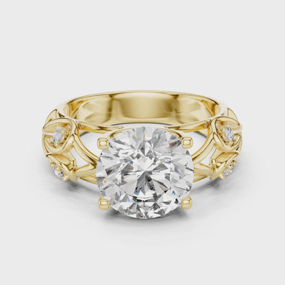 Round Lab Grown Diamond Engagement Ring | Nature Inspired Leaf Motif Style | 10K, 14K, and 18K Gold