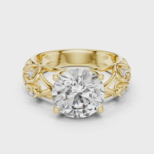 Round Lab Grown Diamond Engagement Ring | Nature Inspired Leaf Motif Style | 10K, 14K, and 18K Gold