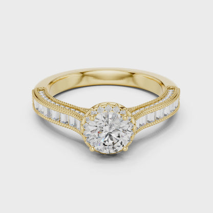 Round Lab Grown Diamond Engagement Ring | Baguette & Round Pavé Band | 10K, 14K, and 18K Gold