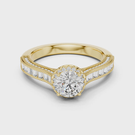 Round Lab Grown Diamond Engagement Ring | Baguette & Round Pavé Band | 10K, 14K, and 18K Gold
