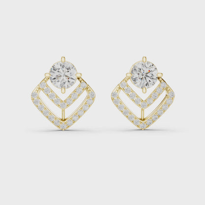 Round Lab Grown Diamond Geometric Chevron Earrings | V-Shape Halo Drops | 10K, 14K, and 18K Gold