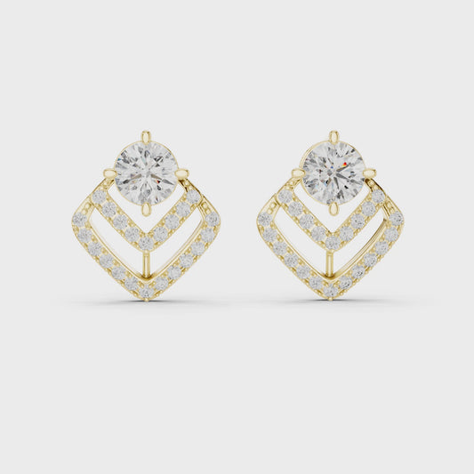 Round Lab Grown Diamond Geometric Chevron Earrings | V-Shape Halo Drops | 10K, 14K, and 18K Gold
