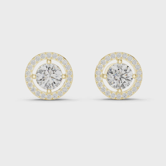 Round Lab Grown Diamond Halo Stud Earrings | Brilliant Pave Border Style | 10K, 14K, and 18K Gold