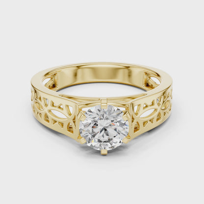 Round Lab Grown Diamond Engagement Ring | Vintage Filigree Wide Band Style | 10K, 14K, and 18K Gold