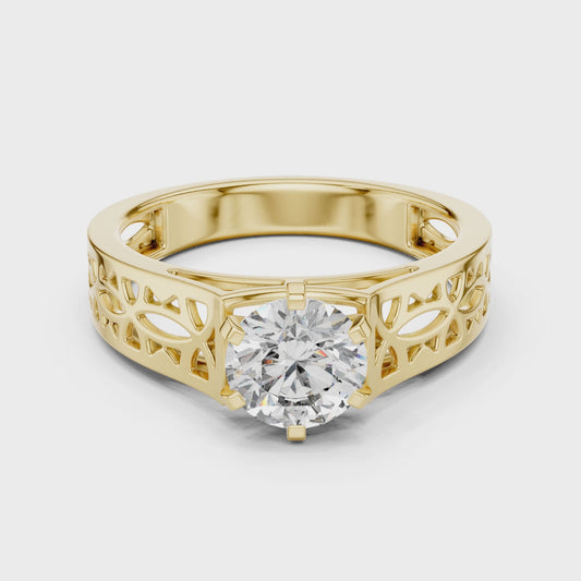 Round Lab Grown Diamond Engagement Ring | Vintage Filigree Wide Band Style | 10K, 14K, and 18K Gold