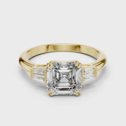 Emerald Cut Lab Grown Diamond Engagement Ring | Tapered Baguette Three-Stone Style | 18K and 14K Gold