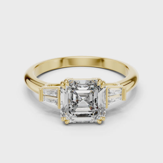 Emerald Cut Lab Grown Diamond Engagement Ring | Tapered Baguette Three-Stone Style | 18K and 14K Gold