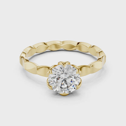 Round Lab Grown Diamond Solitaire Ring | Sculptural Scalloped Band | Solid Gold