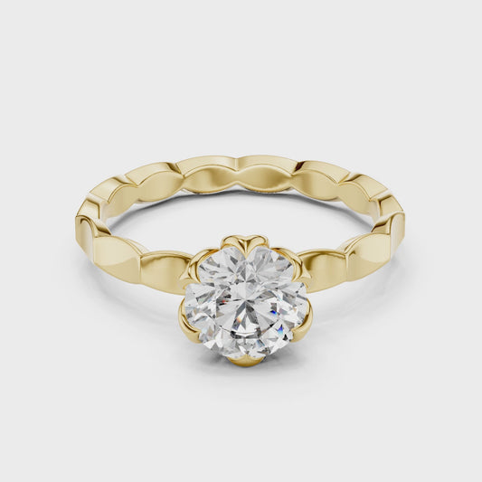 Round Lab Grown Diamond Solitaire Ring | Sculptural Scalloped Band | Solid Gold