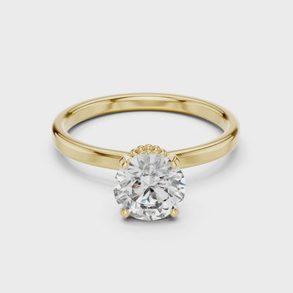 Round Lab Grown Diamond Solitaire Ring | Vintage Filigree Crown & Beaded Band | Solid Gold
