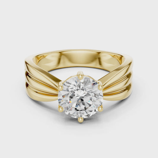 Round Lab Grown Diamond Engagement Ring | Tapered Ribbon Wide Band | 10K, 14K, and 18K Gold