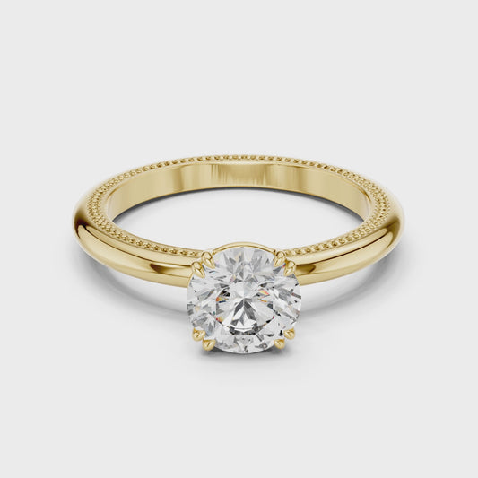 Round Lab Grown Diamond Solitaire Ring | Beaded Milgrain Texture Band | Solid Gold