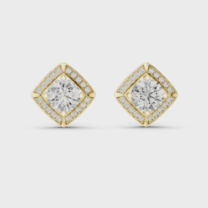 Round Lab Grown Diamond Cushion Halo Stud Earrings | Square Pave Border Style | 10K, 14K, and 18K Gold