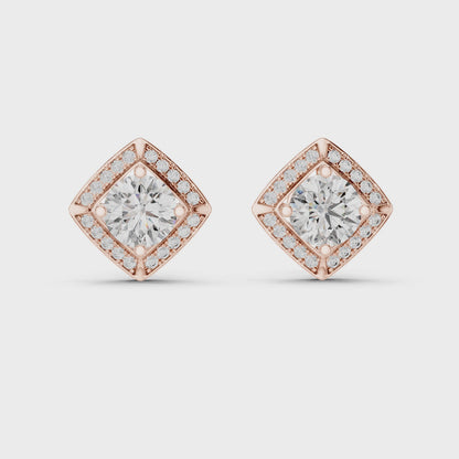 Round Lab Grown Diamond Cushion Halo Stud Earrings | Square Pave Border Style | 10K, 14K, and 18K Gold