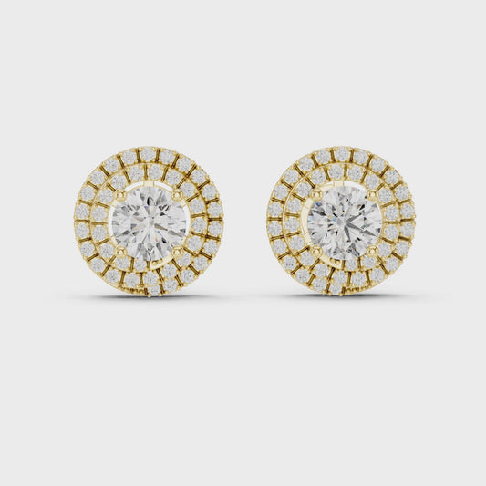 Round Lab Grown Diamond Double Halo Stud Earrings | 10K, 14K, and 18K Gold | ER-0017