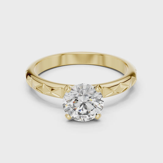 Round Lab Grown Diamond Solitaire Ring | Geometric Faceted Band | Solid Gold