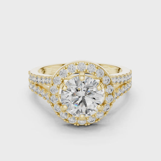 Round Lab Grown Diamond Engagement Ring | Triple-Row Pavé Halo Style | 10K, 14K, and 18K Gold